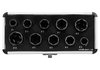 Набір екстракторів YATO для зломаних головок болтів і гайок з квадр.- 3/8". 10 Од. [20]