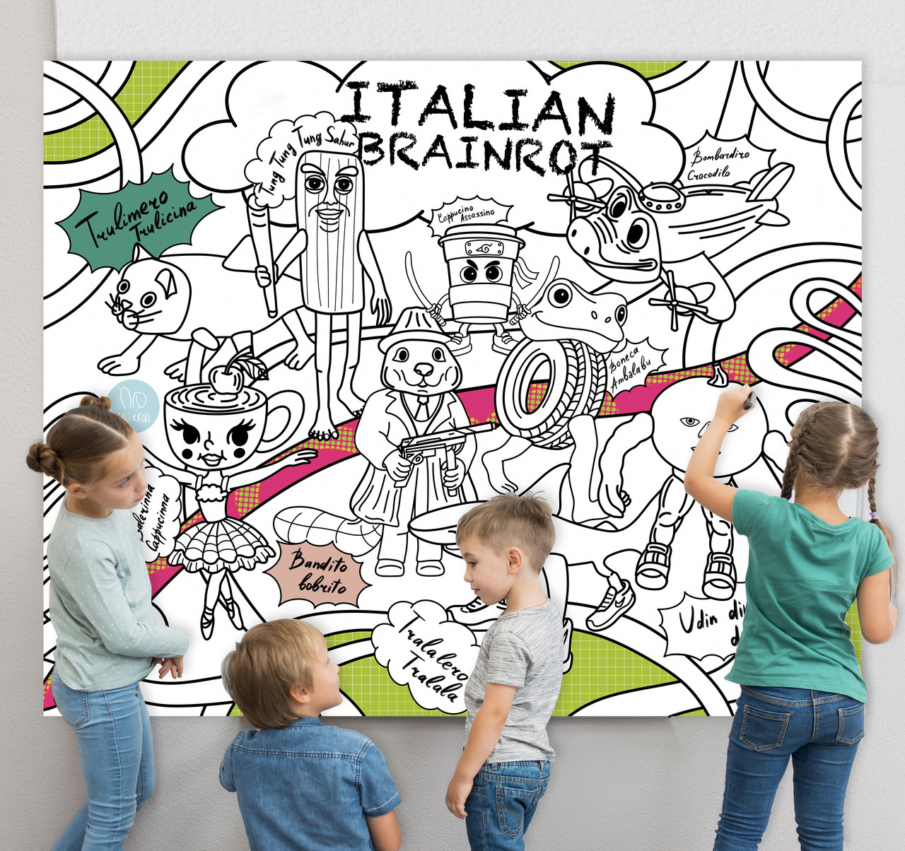 Розмальовка Італійські Меми/Italian Brai, Мега велике розмальовка, набір із фломастерами, 120 х150 см, фото 1