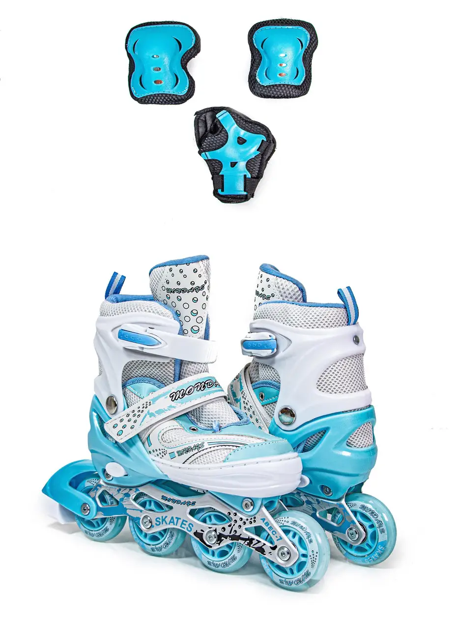 Ролики + наколінники + налокітники + захист на долоні Happy Бірюзові, розмір 34-38