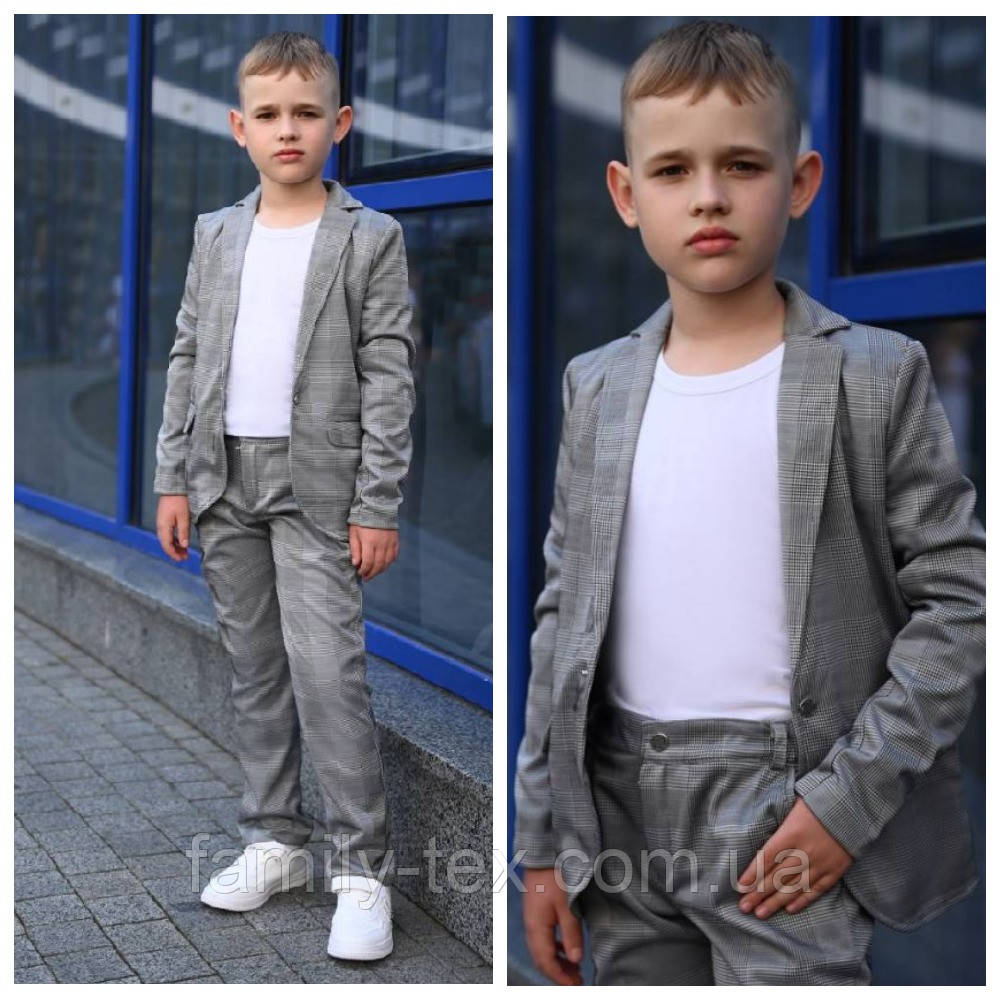 Класичний костюм для хлопчика — піджак і штани, сіра клітинка, зріст 140, 146 см., фото 1