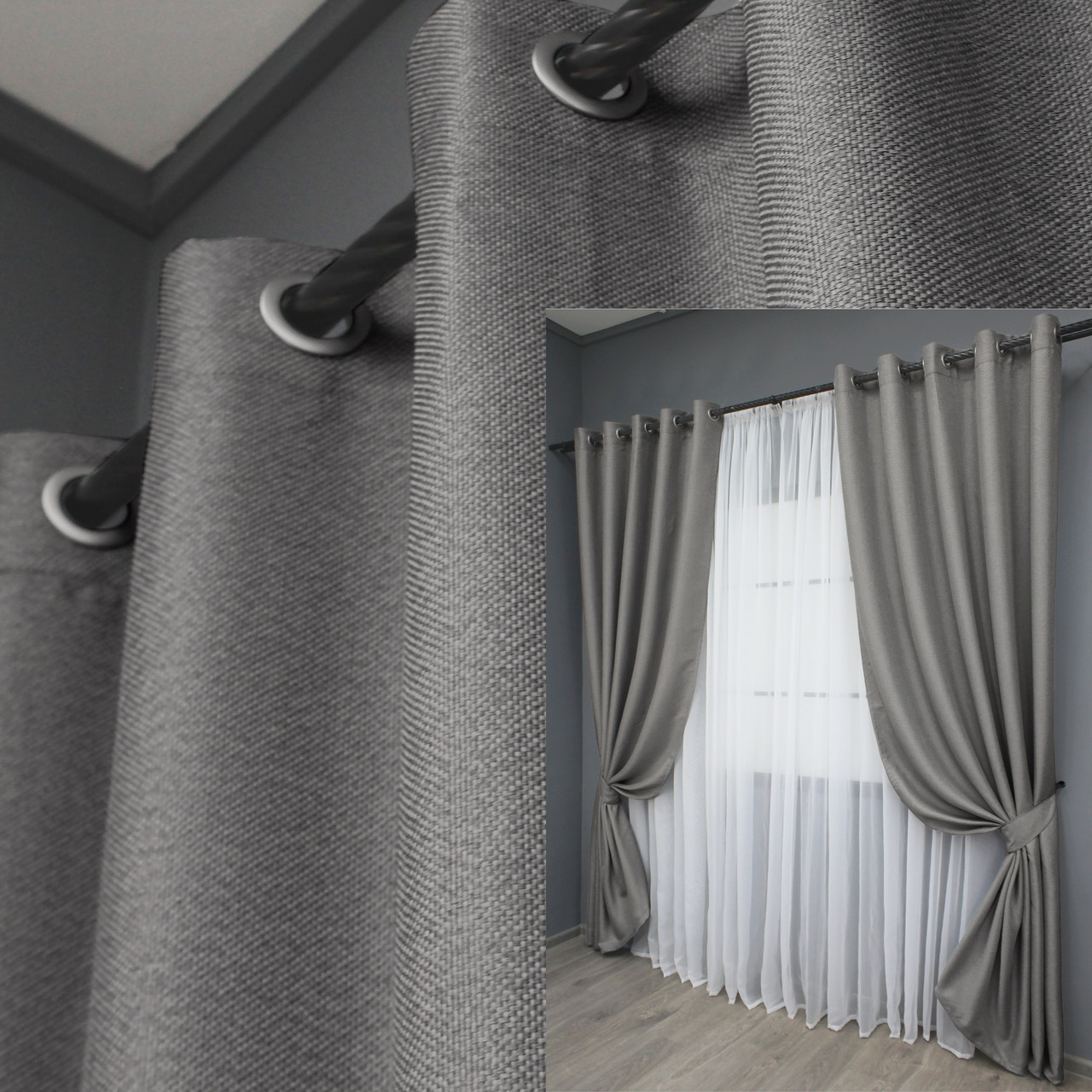 Комплект (2шт. 1,5х2,5м.) штор на люверсах з тканини льон-блекаут. Колір сірий. Код 1797ш 37-0264, фото 1