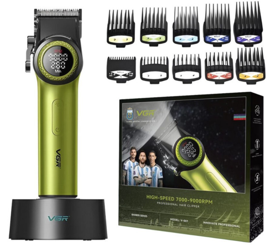 Акумуляторна машинка для стрижки VGR V-001 LED 10 насадок Зелений, фото 1