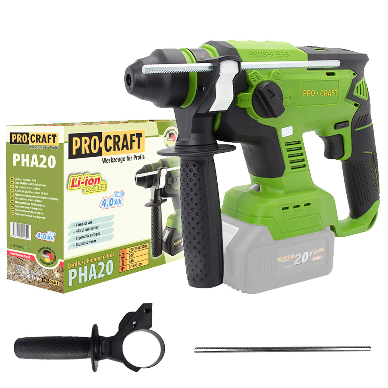 Акумуляторний перфоратор Procraft PHA20 (без АКБ і ЗП), 0 - 1400 об/хв, 0 - 4500 ударів/хв, 1,7 Дж, безщітковий, SDS+, фото 1