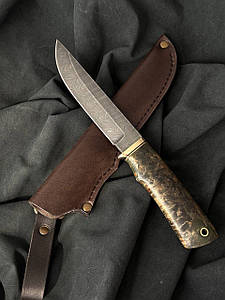 Ніж ручної роботи мисливський Геракл, нескладний ніж з клинком із дамаської сталі, в комплекті зі шкіряним чохлом
