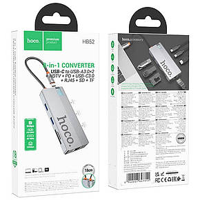 Хаб USB Hoco HB52 8-in-1 multi-function converter(HDTV+RJ45+SD/TF+PD+Type-C3.0+USB3.0*2) Grey, фото 1