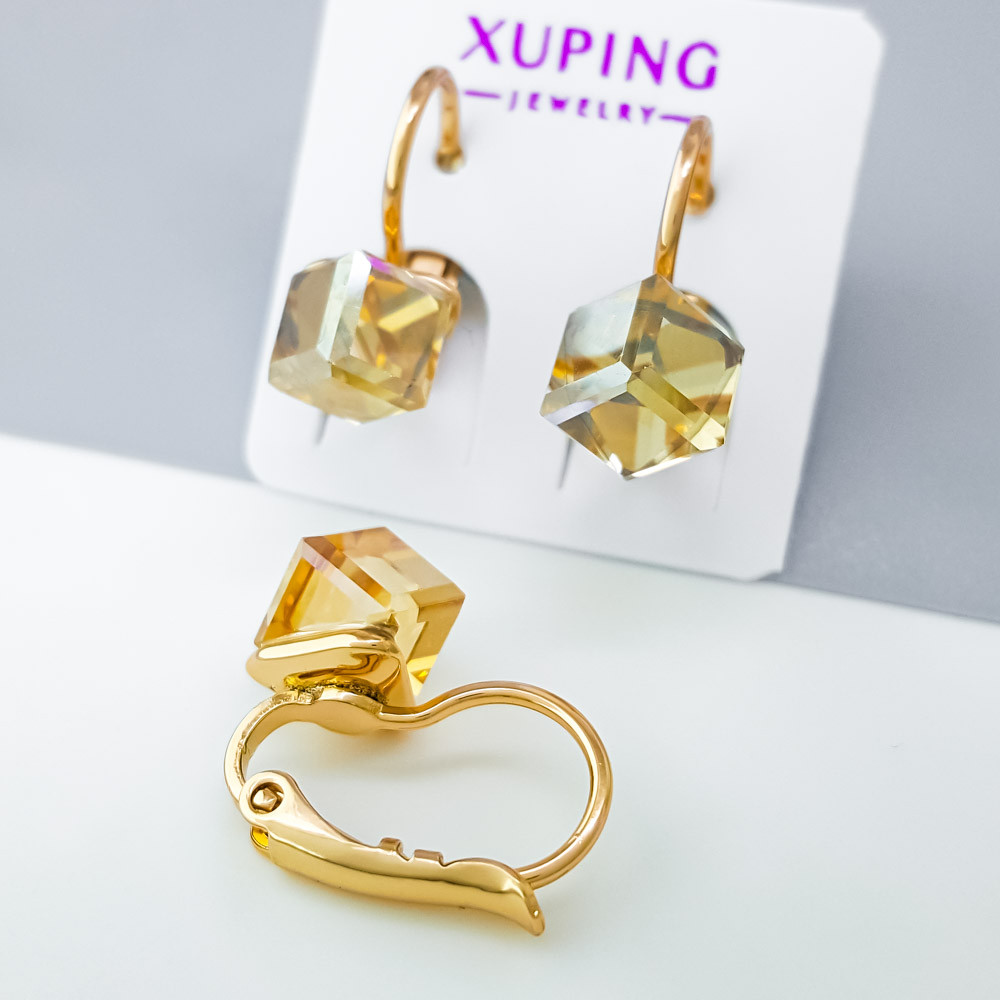 Сережки Куб зі світло-коричневим Swarovski, Xuping позолота 18K, фото 1