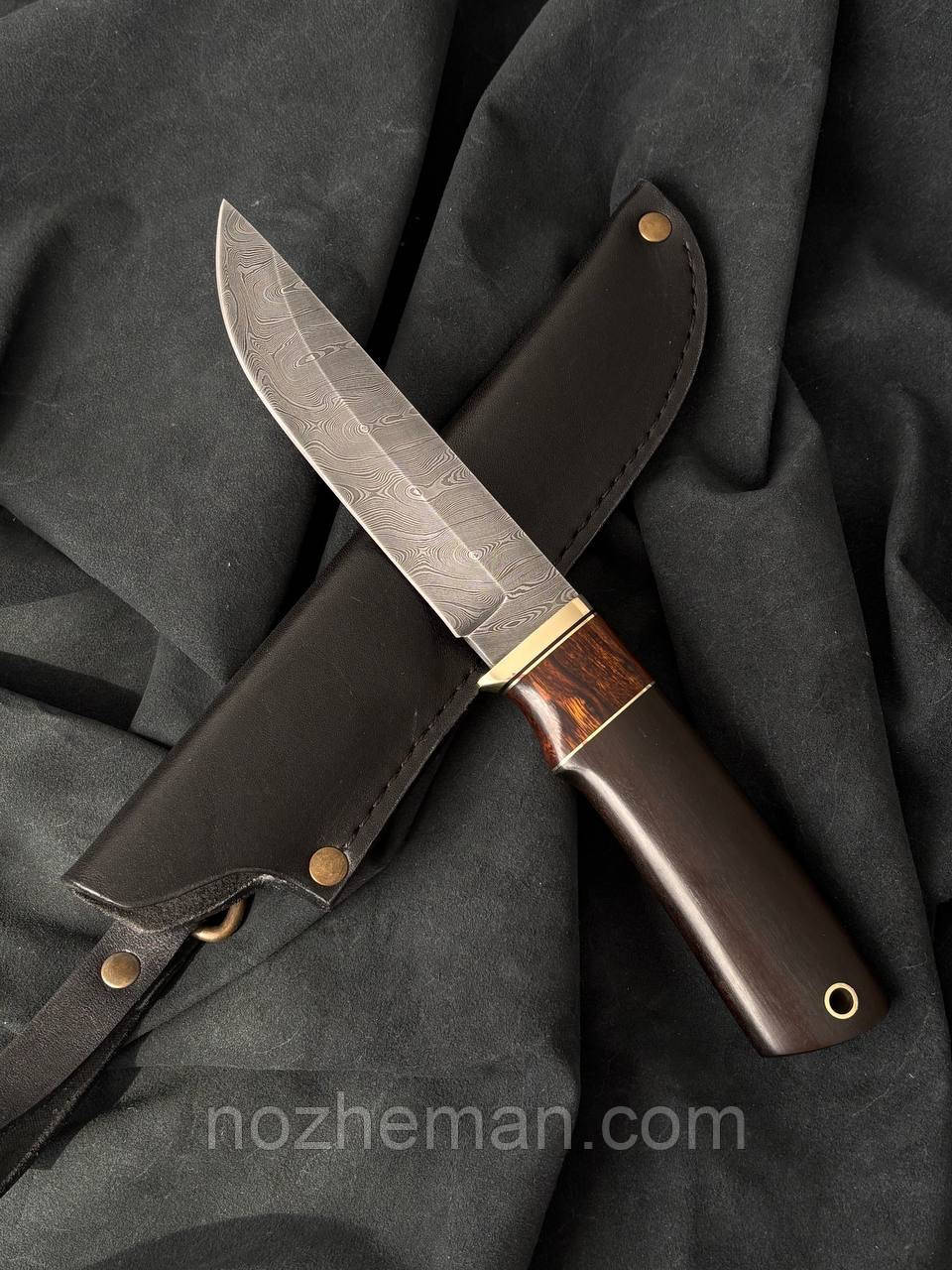 Ніж мисливський ручної роботи Бізон з дамаської сталі 60 HRC, нескладний ніж в комплекті зі шкіряним чохлом, фото 1