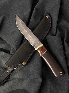 Ніж мисливський ручної роботи Бізон з дамаської сталі 60 HRC, нескладний ніж в комплекті зі шкіряним чохлом