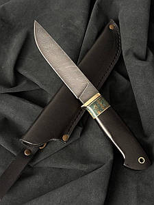 Ніж ручної роботи для полювання Азарт 2, нескладний ніж із дамаської сталі, зі шкіряним чохлом у комплекті