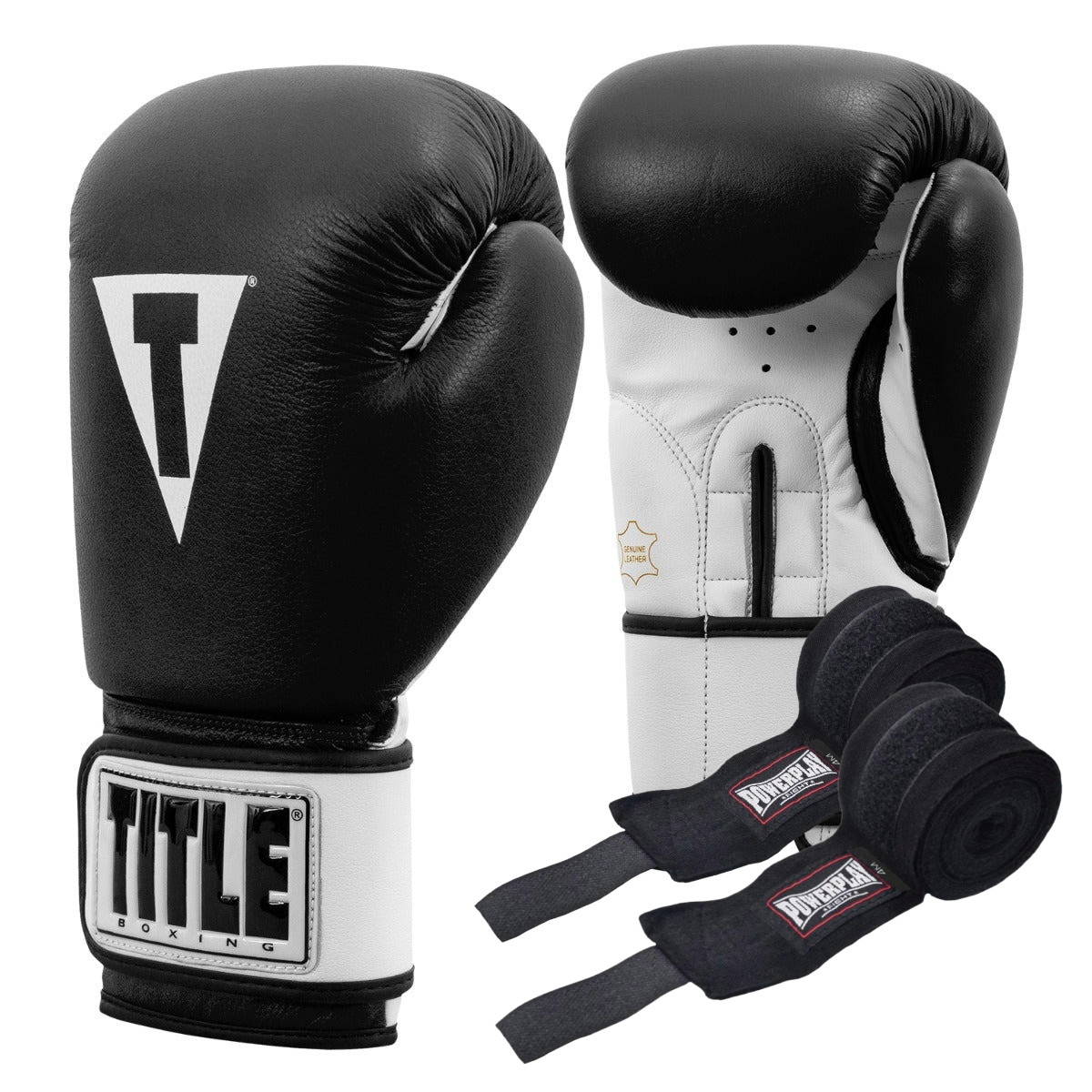 Боксерські рукавиці TITLE Premier Leather Black/White L 14 oz (бинти 4м. в комплекті), фото 1
