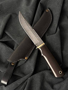 Нескладний ніж ручної роботи для полювання Кайрус 4 з дамаської сталі 60 HRC, зі шкіряним чохлом у комплекті