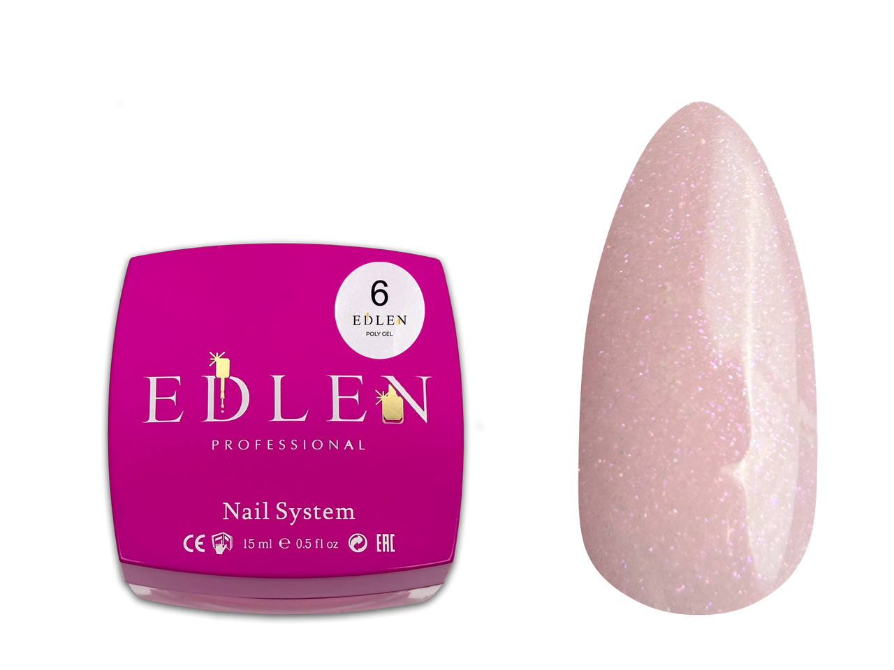 Полігель Edlen Poly gel №6 рожевий з рожевим шимером, 15 мл, фото 1
