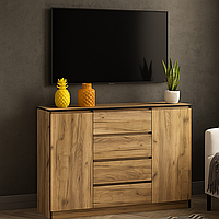 Сучасний комод 140 см з дверцятами та шухлядами без ручок у вітальню зал Бруклін Мебель Сервіс дуб крафт золотий