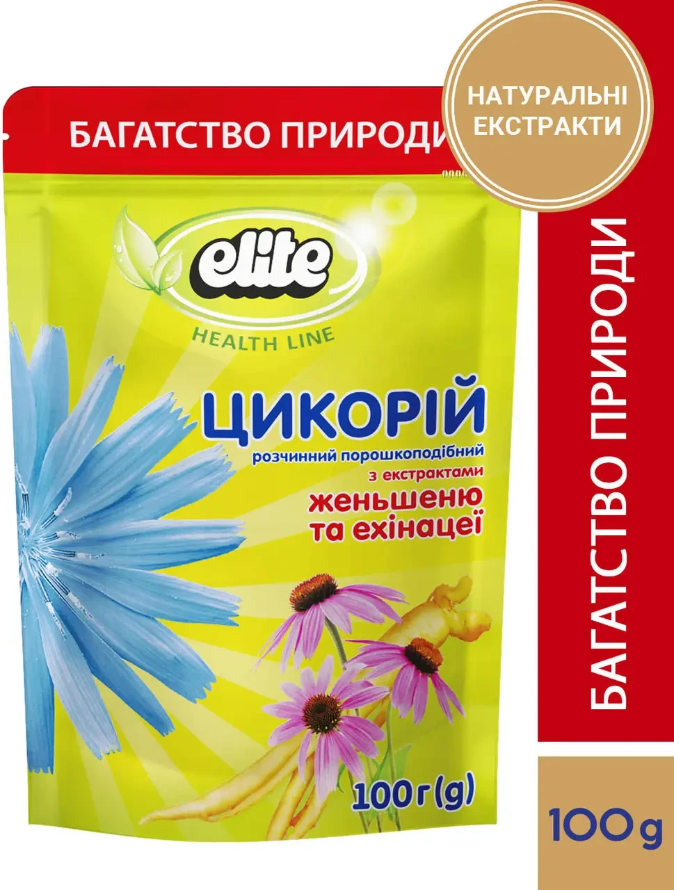 Цикорій розчинний Elite з женьшенем і ехінацеєю, пакет, 100г, фото 1