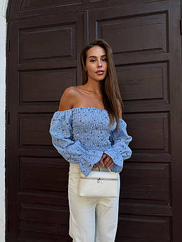 Жіночий топ з мусліну з відкритими плечима та довгими рукавами S–L Блакитний