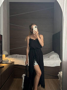 Жіноча асиметрична туніка з мереживом з американського крепу S-L Чорний