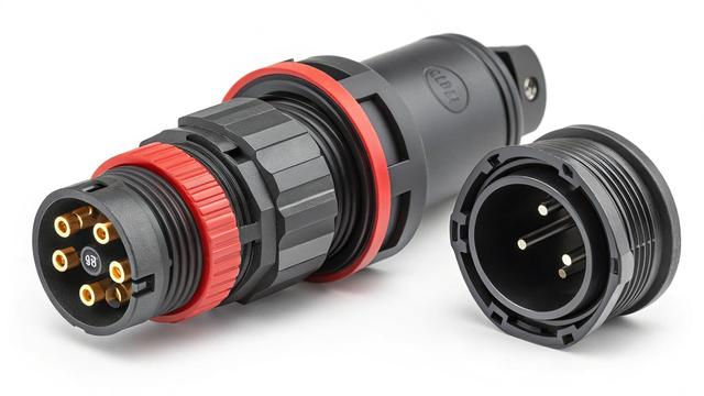 Розібраний водонепроникний роз'єм, що демонструє його внутрішні компоненти, ущільнення і контакти