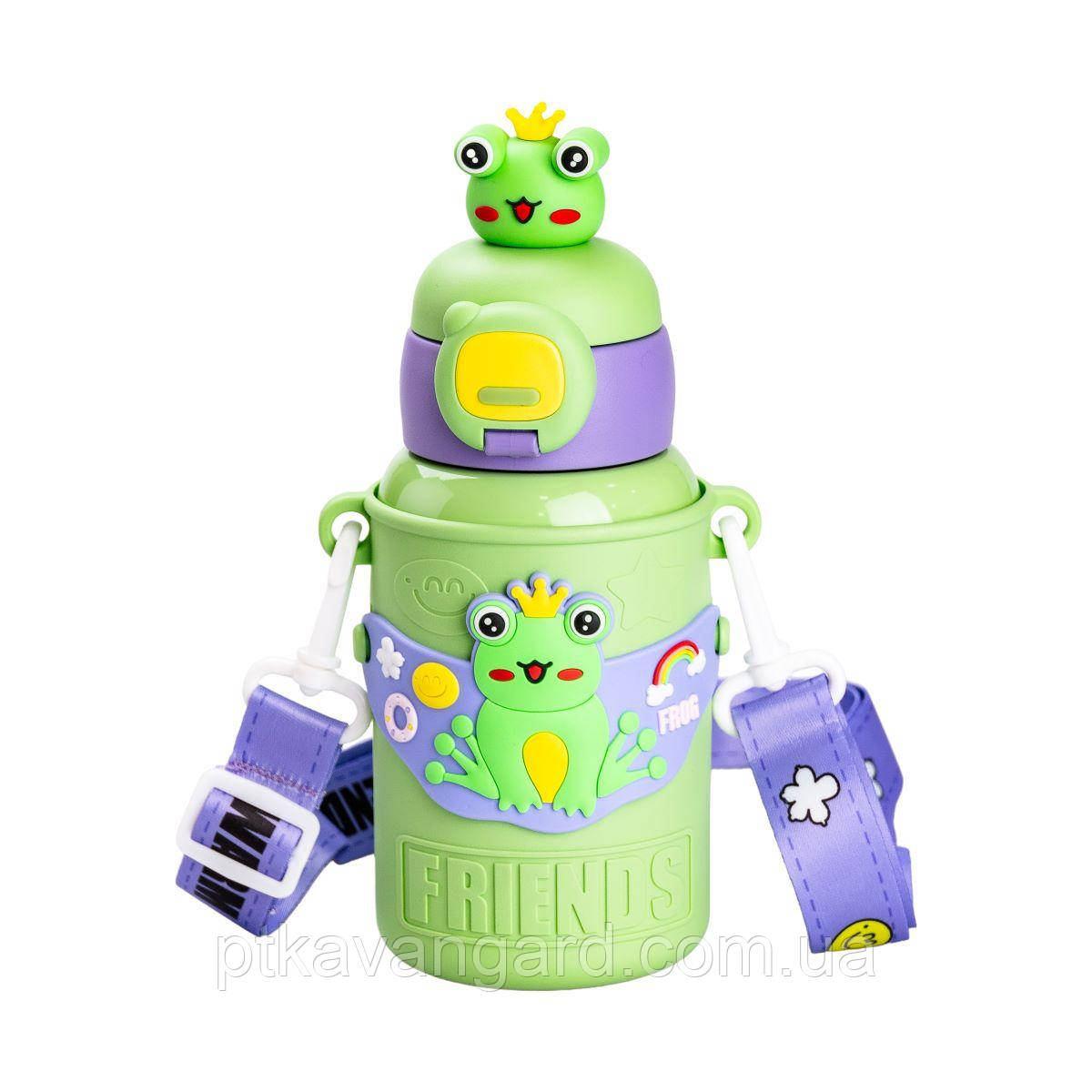 Термос поїльник для дітей з трубочкою з ремінцем та силіконовим чохлом дитячий 450 (мл) Зелений HP18308GR, фото 1