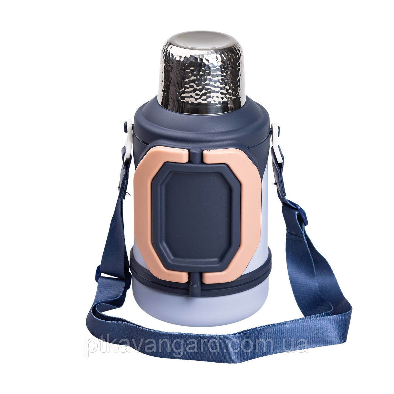 Термос Vacuum Cup 1.5 літра з ремінцем і складною ручкою темно-синій HP-14-21BL, фото 1