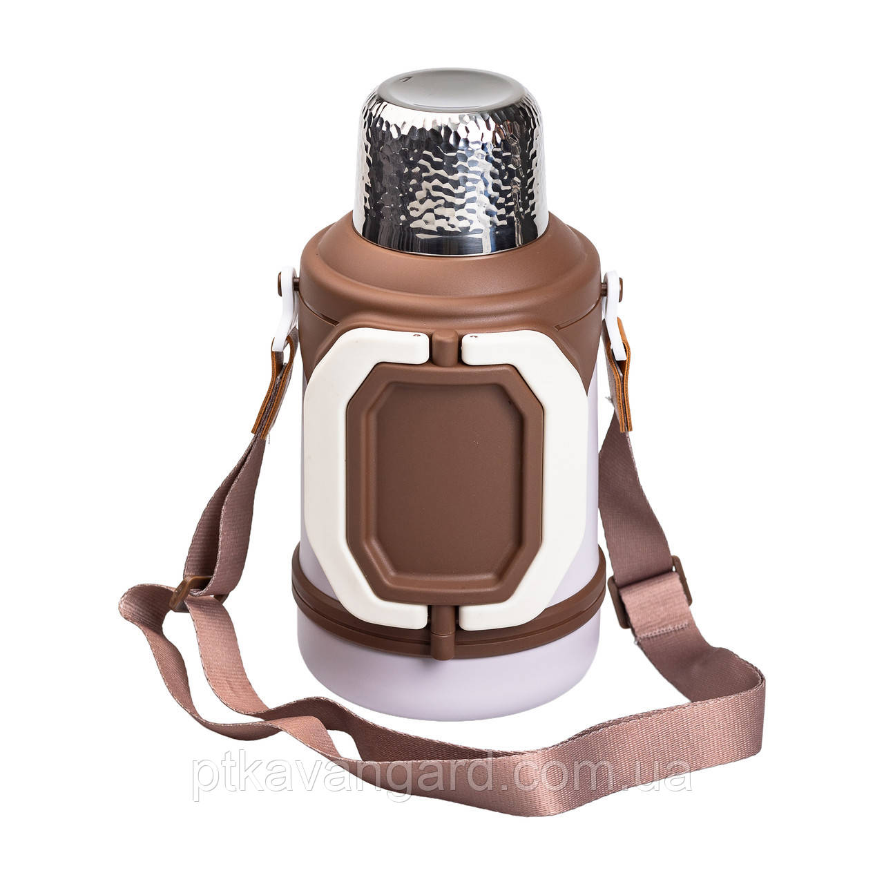 Термос Vacuum Cup 1.5 літра з ремінцем і складною ручкою коричневий HP-14-21V, фото 1