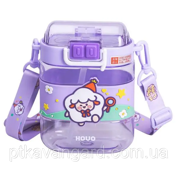 Пляшка для води дитяча з трубочкою та ремінцем 560 мл пляшечка для пиття в школу 15 см Фіолетова HP-14-36V, фото 1