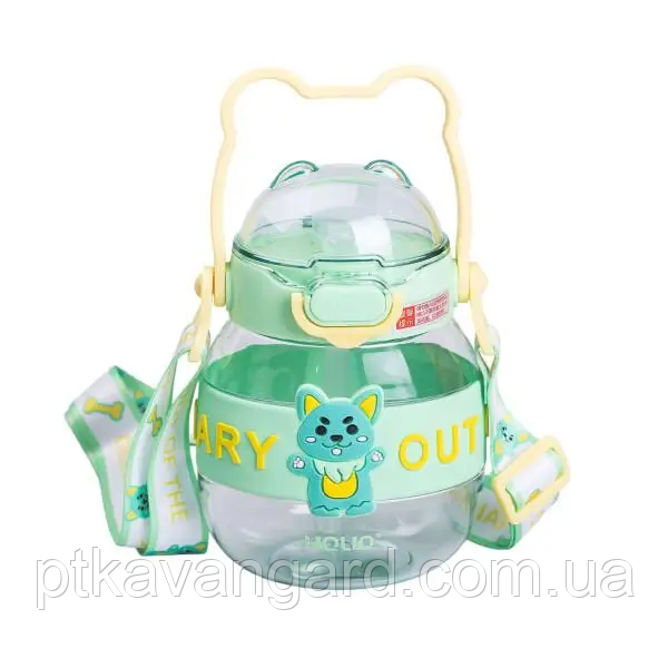 Пляшка для води дитяча з трубочкою 580 мл з ручкою та ремінцем Зелена HP-14-37GR, фото 1