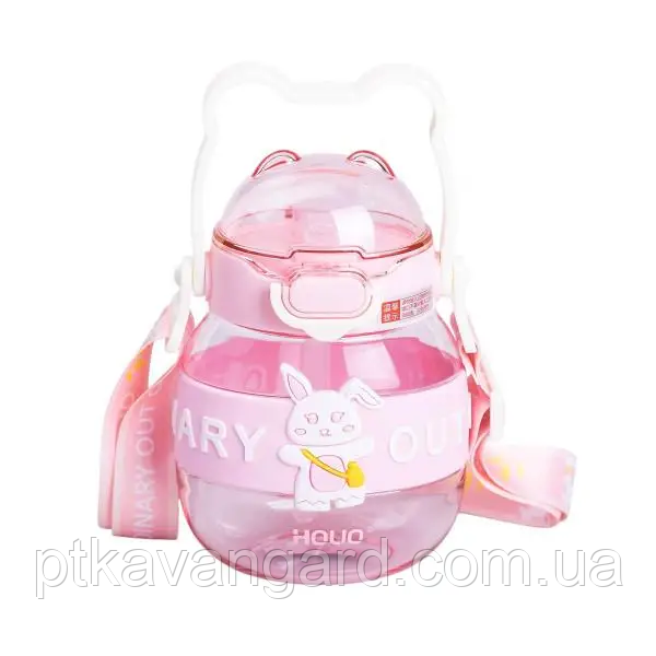 Пляшка для води дитяча з трубочкою 580 мл з ручкою та ремінцем Рожева HP-14-37P, фото 1