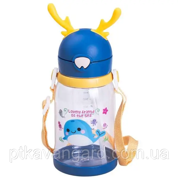 Пляшка для води дитяча 550 мл на ремінці пляшечка з трубочкою для спорту та школи Синя HP-14-44BL, фото 1