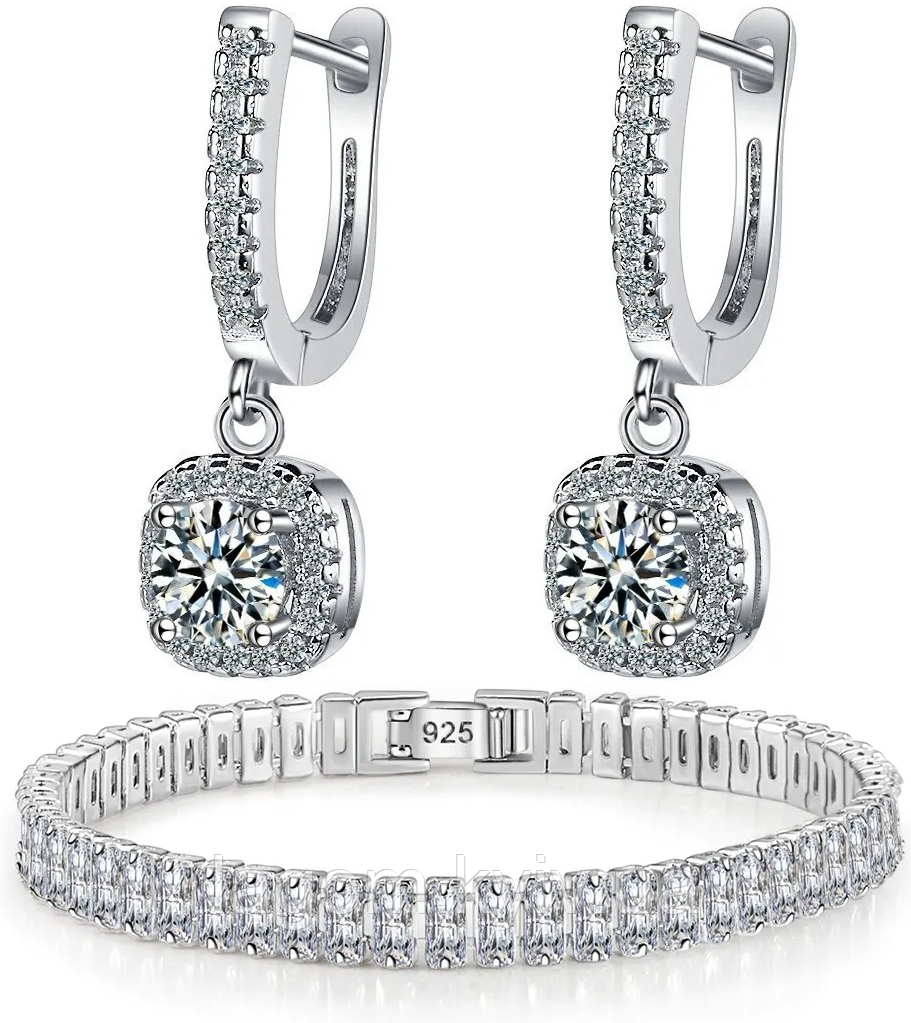 Комплект срібних прикрас BRILLIANT 925 проба сережки і браслет, фото 1