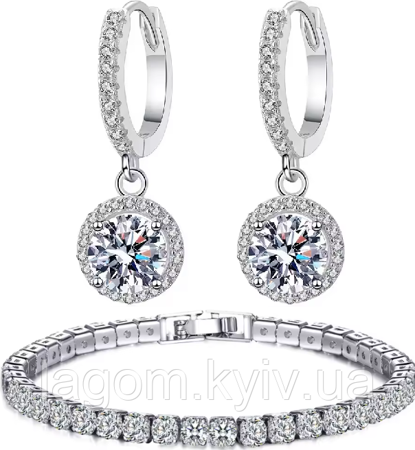 Жіночий комплект ювелірних прикрас DIAMOND 925 проба сережки і браслет, фото 1