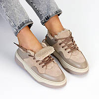 Жіночі зимові шкіряні кросівки на хутрі теплі мокко натуральна шкіра/замша