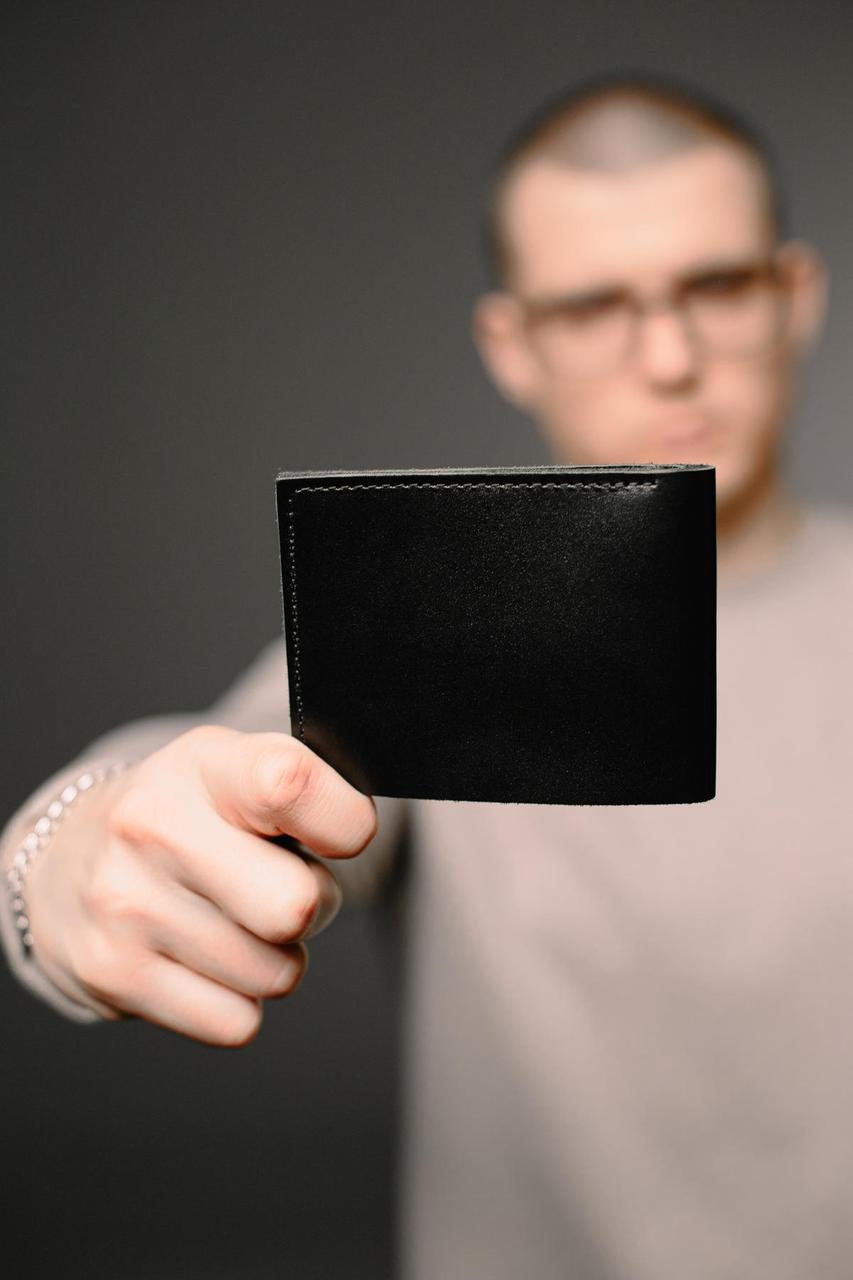 Чоловічий гаманець-біфолд із натуральної гладкої шкіри SR004 (чорний), фото 1