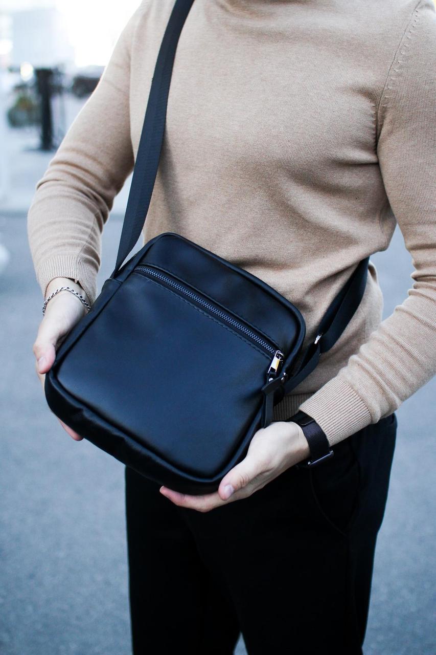 Сумка-мессенджер із натуральної гладкої шкіри, сумка через плече чоловіча (чорна), фото 1