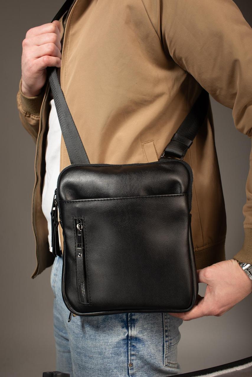 Сумка-мессенджер із натуральної гладкої шкіри, сумка через плече чоловіча SKILL (чорна), фото 1