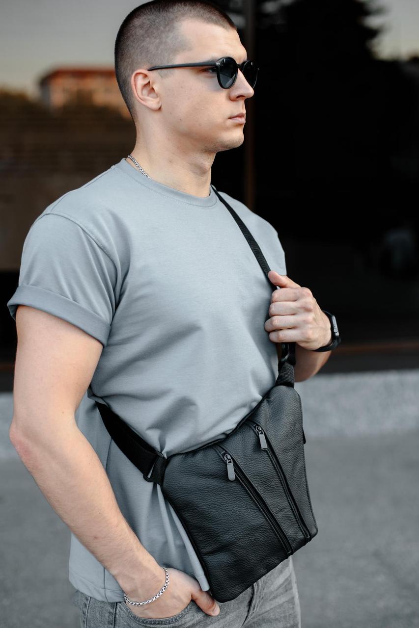 Сумка-слінг із натуральної шкіри, сумка через плече чоловіча SL026 (чорна), фото 1