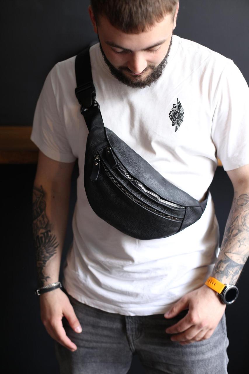Чоловіча сумка на пояс, бананка с натуральної шкіри SL002 (чорна), фото 1