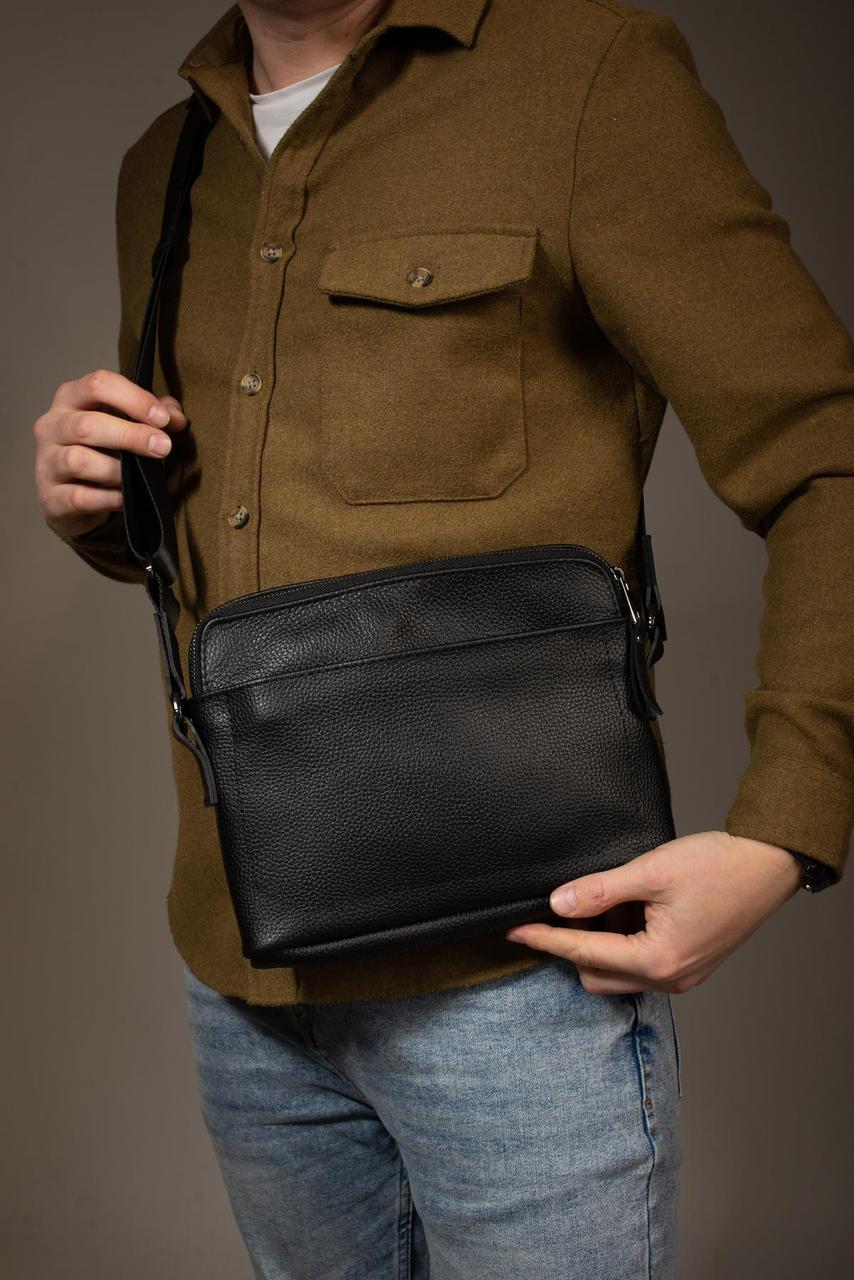 Сумка-мессенджер із натуральної шкіри, сумка через плече чоловіча SKILL Slide (чорна), фото 1