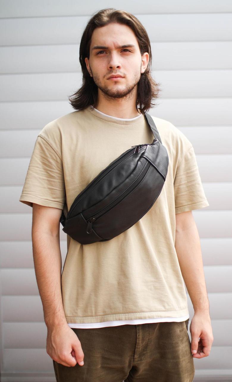Шкіряна чоловіча бананка, поясна сумка SL003 (чорна), фото 1