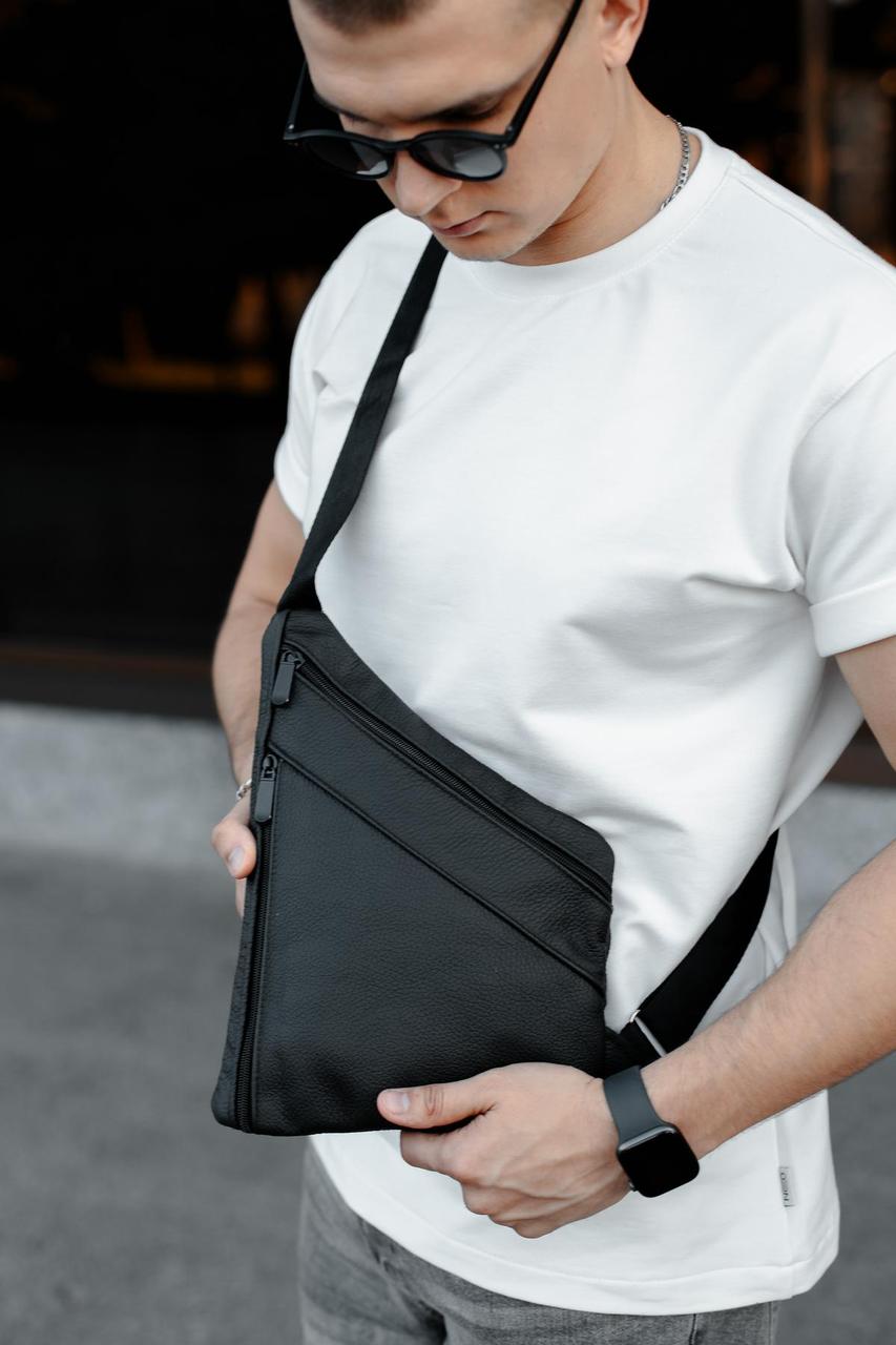 Сумка-слінг із натуральної шкіри, сумка через плече чоловіча SL024 (чорна), фото 1