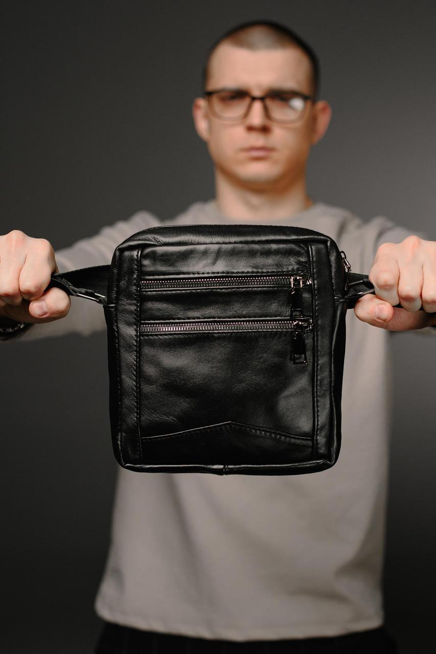 Сумка-мессенджер із натуральної гладкої шкіри ST001 (чорна), фото 1