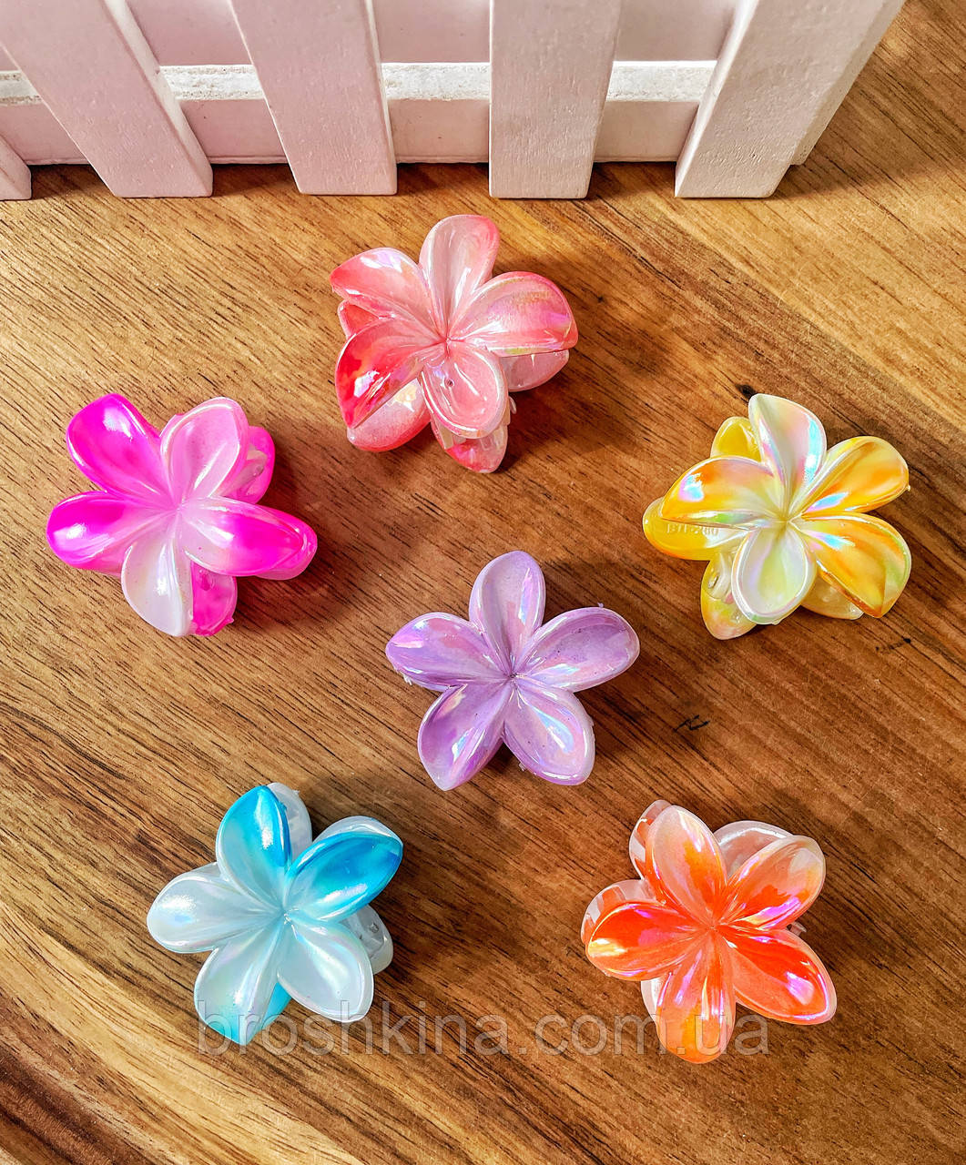 Краби для волосся пластикові оптом 3,5*3,5 см 12 шт/уп  ГАВАЙСЬКА КВІТКА ПЕРЛАМУТРОВА, фото 1