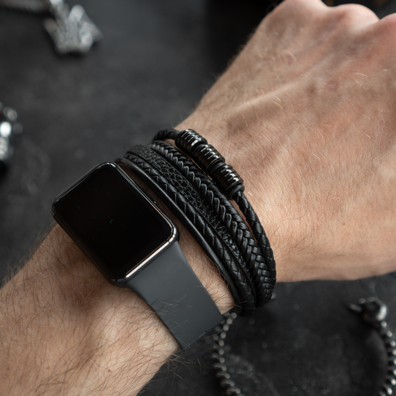 Браслет чоловічий шкіряний BLACKROCK: T2 чорний 17-19 см (довжина 21 см), фото 1