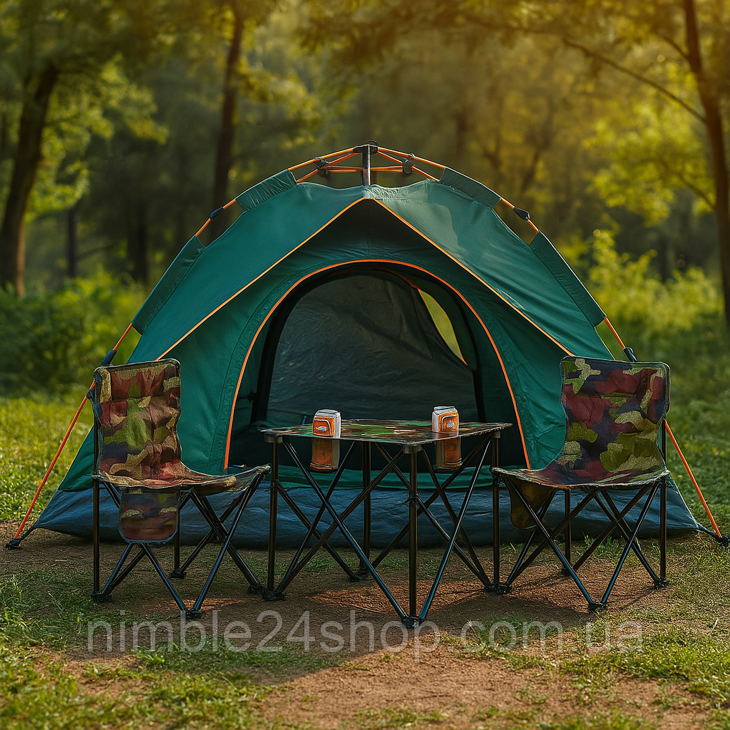 Палатка автоматична 2-4-місна з козирком 2х2м /+стіл кемпінговий+ стільці,