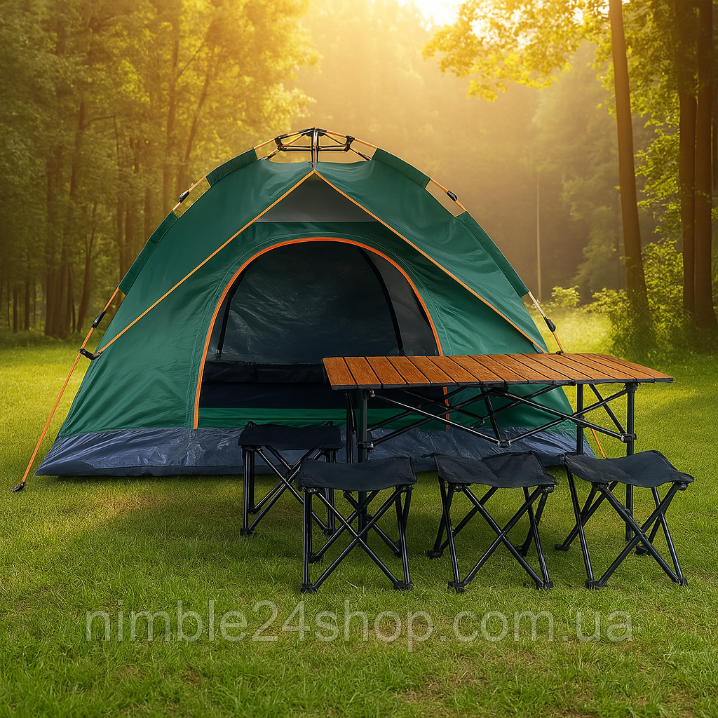 Палатка автоматична 2-4-місна з козирком 2х2м/+стіл кемпінговий+ стільці