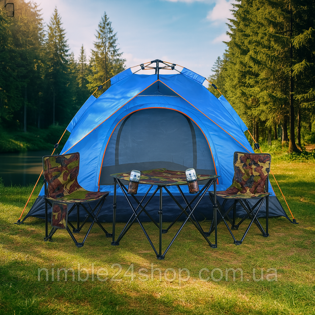Палатка автоматична 2-4-місна з козирком 2х2м /+стіл кемпінговий+ стільці,