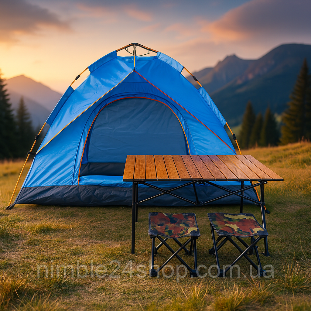 Палатка автоматична 2 місна з козирком 2х2м/+стіл кемпінговий+ стільці