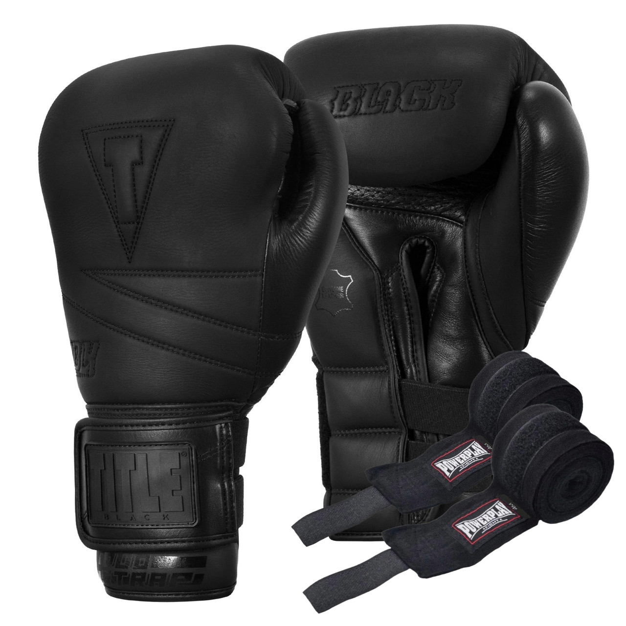 Боксерські рукавиці TITLE Black Bolstered Leather Black 14 oz (бинти 4м. в комплекті), фото 1