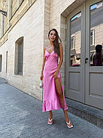 Літня шовкова сукня на бретелях з воланом кольори: лимон, молоко, рожевий, чорний | Розміри S-M, M-L