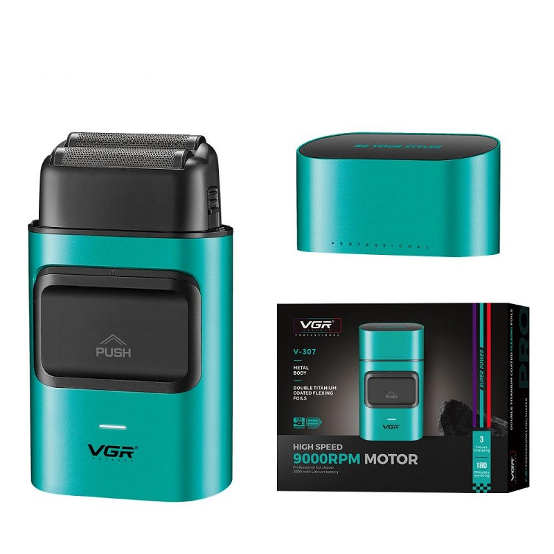Акумуляторна бритва VGR V-307 шейвер, подвійне лезо, 2000mAh, потужність 9000 RPM, від USB Зелена, фото 1
