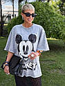 Футболка жіноча мікі маус сіра з коротким рукавом і принтом варенка оверсайз, фото 3